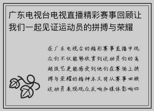 广东电视台电视直播精彩赛事回顾让我们一起见证运动员的拼搏与荣耀