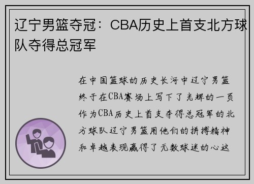 辽宁男篮夺冠：CBA历史上首支北方球队夺得总冠军